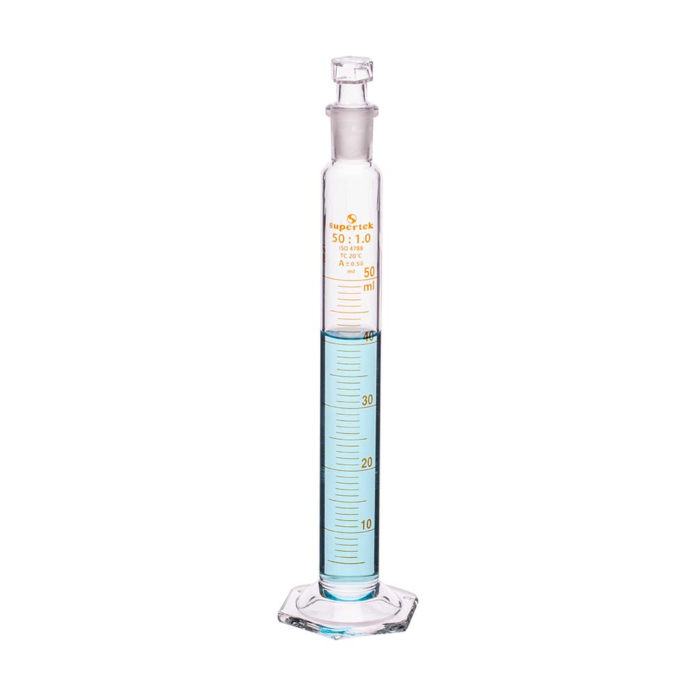 Measuring Cylinder with Hexagonal Base and Interchangeable Glass Stopper, Class A